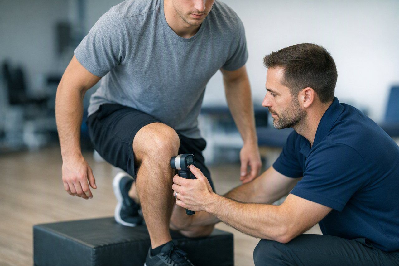 Clinician kneeling to apply a handheld percussion device to the calf of a patient seated on a plyometric box in a rehabilitation gym