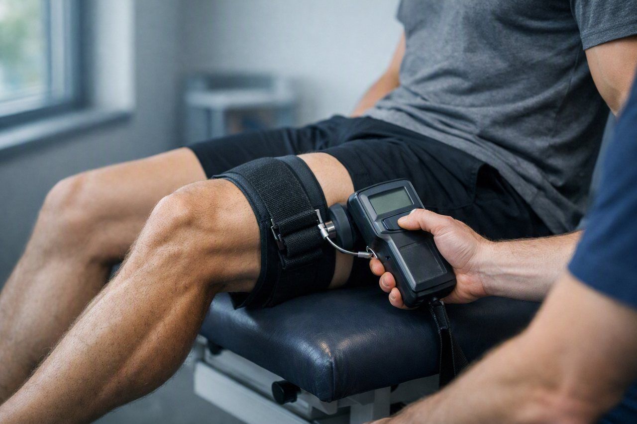 Handheld dynamometer strapped to the shin measuring knee extension strength on a treatment table