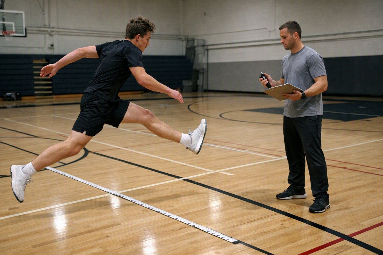 Athlete mid-flight on a single-leg hop test along a tape measure while a clinician times and records the distance